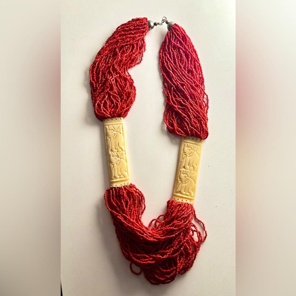 Vintage Multistrand Coral and Carved Bone Necklace Tribal Tibetan / Asian